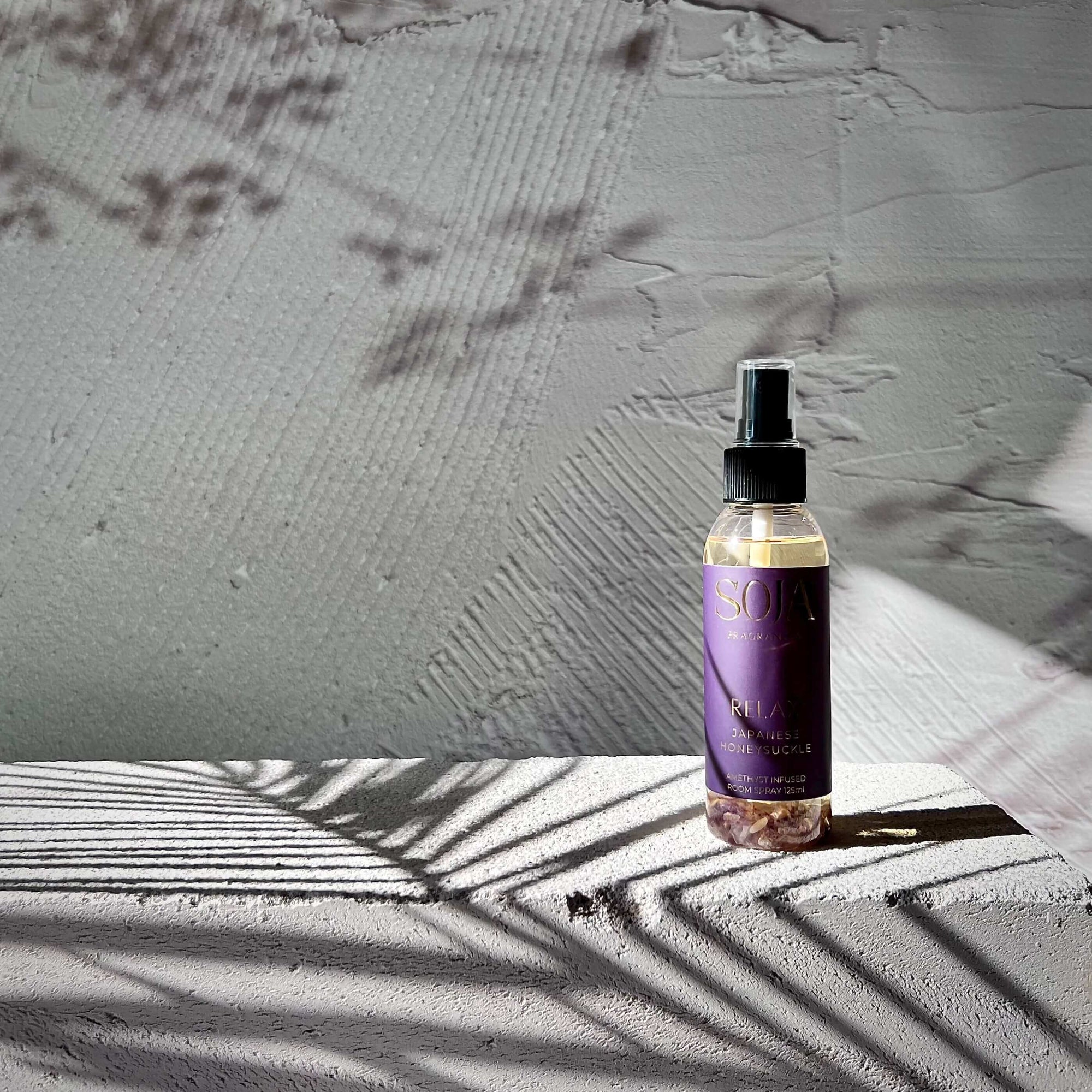 Relax - Japanese Honeysuckle Room Spray | Transform your home with our Japanese Honeysuckle Room Spray, infused with Amethyst crystal for lasting luxury &amp; refreshing fragrance. | SOJA Fragrances