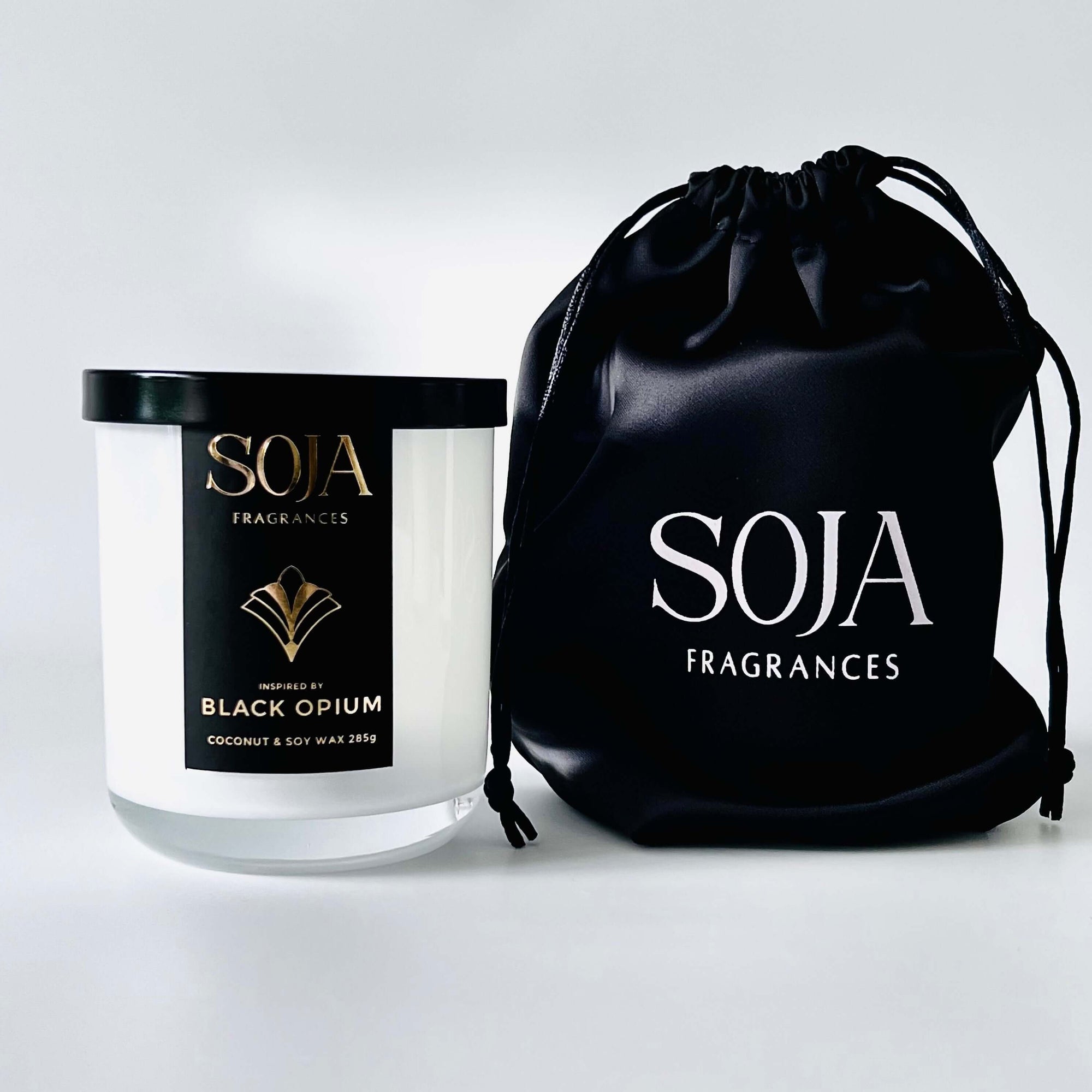 Black Opium 285gm Candle | Experience the luxury of our Black Opium crystal candle. A perfect blend of peach, citrus, and opulence in a crackling wood wick. Shop affordable scents. | SOJA Fragrances