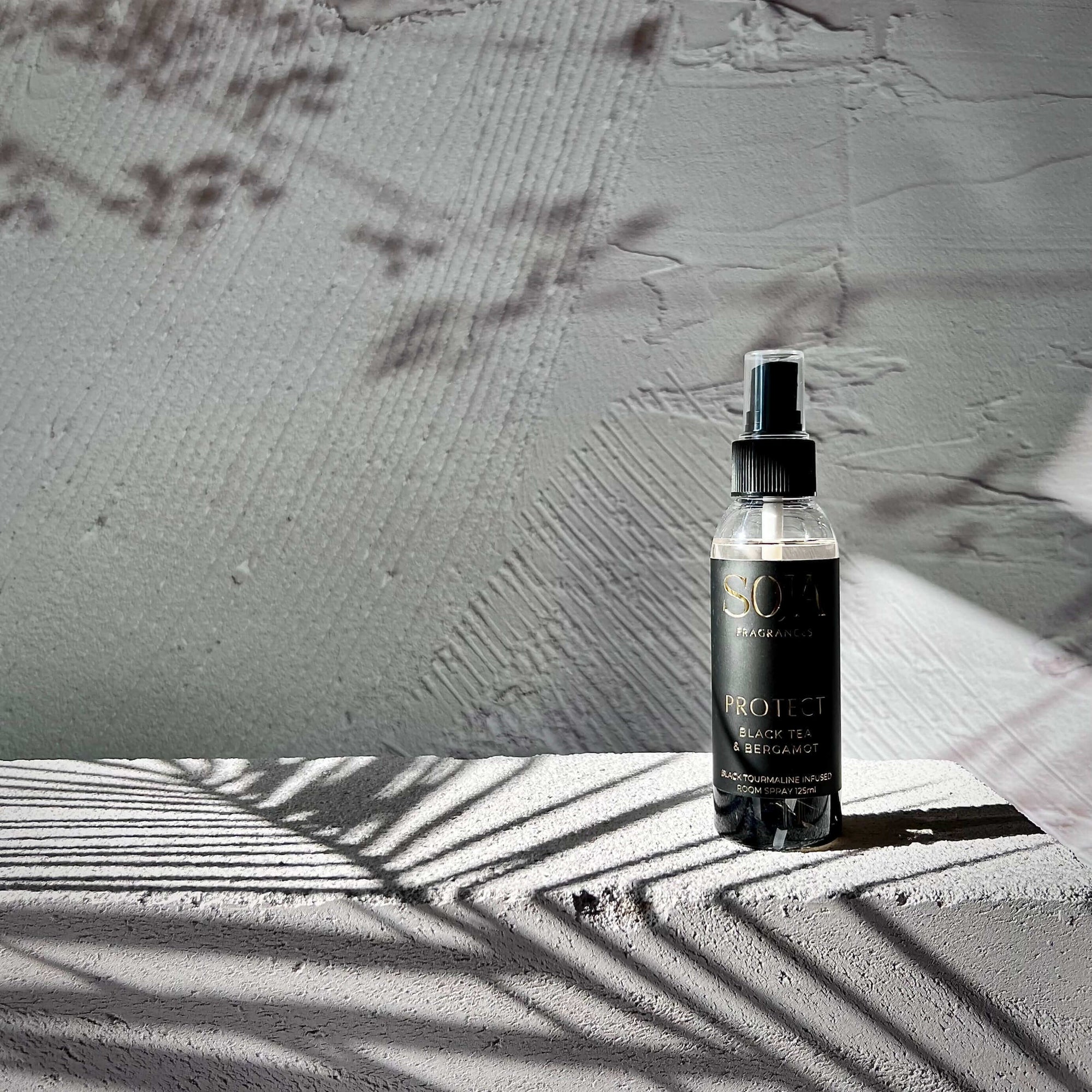 Protect - Black Tea &amp; Bergamot Room Spray | Elevate your space with Protect - Black Tea &amp; Bergamot 125ml Room Spray. Infused with Black Tourmaline Crystal energy &amp; luxury aroma. Shop Now! | SOJA Fragrances