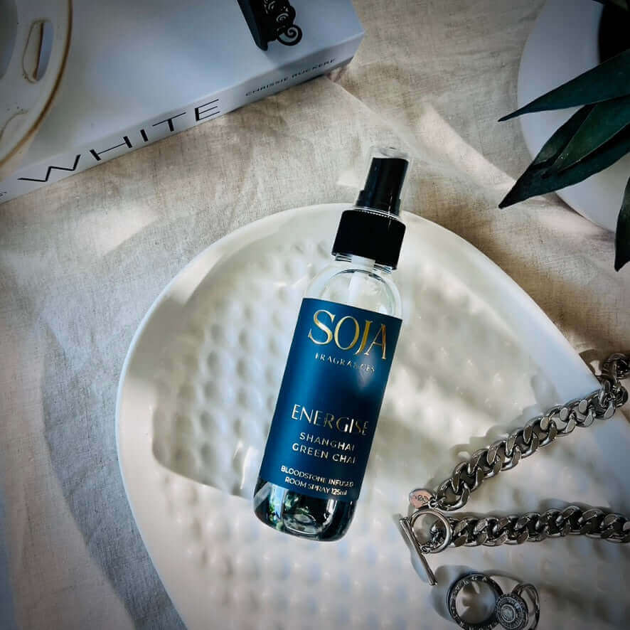 Energise - Shanghai Green Chai Room Spray | Elevate your space with Energise - Shanghai Green Chai Room Spray. Infused with Bloodstone Crystal energy & luxury aroma - refresh for your home. Shop Now! | SOJA Fragrances