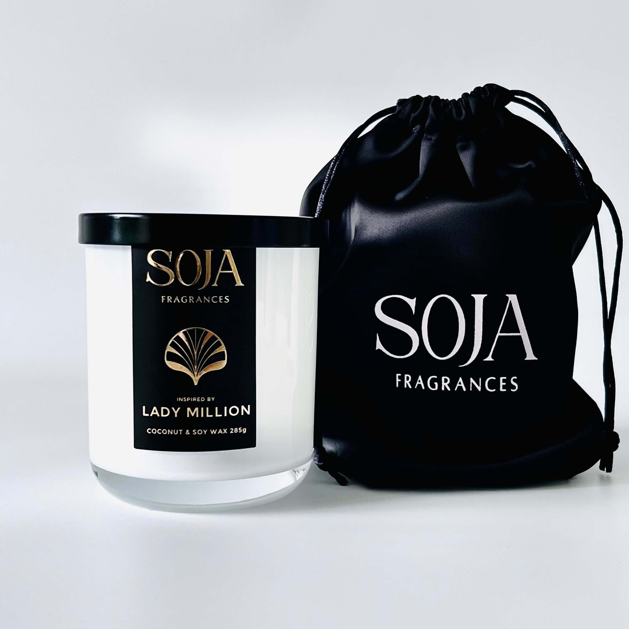 Lady Milion 285gm Candle | Indulge in the luxurious scent of Lady Million candle by Soja. A perfect blend of fruit, florals, and amber. Shop our affordable Dupe Collection now. | SOJA Fragrances