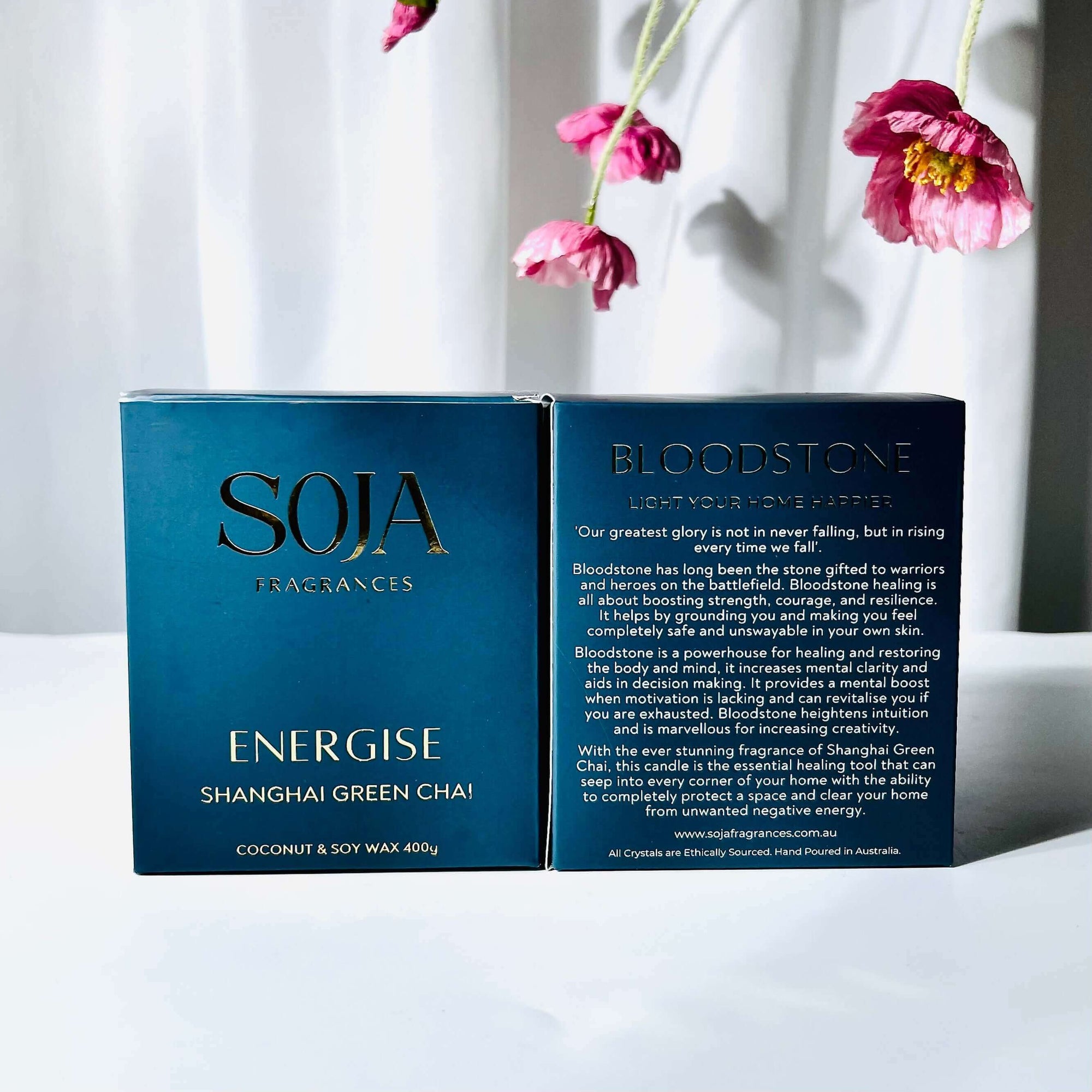 Energise - Shanghai Green Chai Candle | Elevate your ambiance with our Bloodstone Crystal-Infused Candle. Handcrafted in Melbourne, it combines the unique scent with the power of daily motivation. | SOJA Fragrances