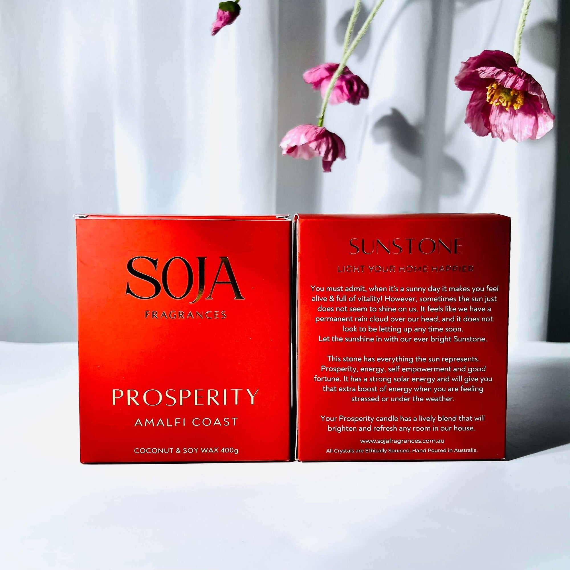 Prosperity - Amalfi Coast Candle | Ignite joy with our Prosperity Candle, infused with Sunstone Crystals &amp; Amalfi Coast scents. A blend of Wild Freesia, Lime, &amp; Lavender uplifts your space. | SOJA Fragrances