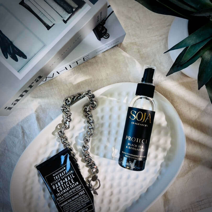 Protect - Black Tea & Bergamot Room Spray | Elevate your space with Protect - Black Tea & Bergamot 125ml Room Spray. Infused with Black Tourmaline Crystal energy & luxury aroma. Shop Now! | SOJA Fragrances