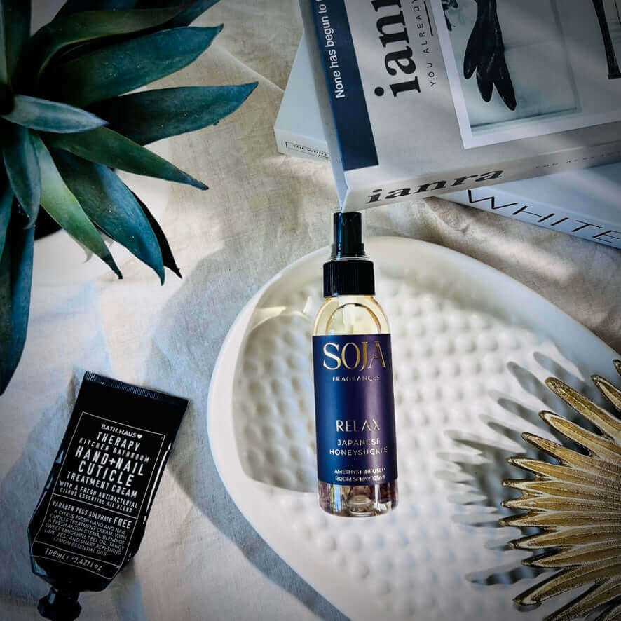 Relax - Japanese Honeysuckle Room Spray | Transform your home with our Japanese Honeysuckle Room Spray, infused with Amethyst crystal for lasting luxury & refreshing fragrance. | SOJA Fragrances