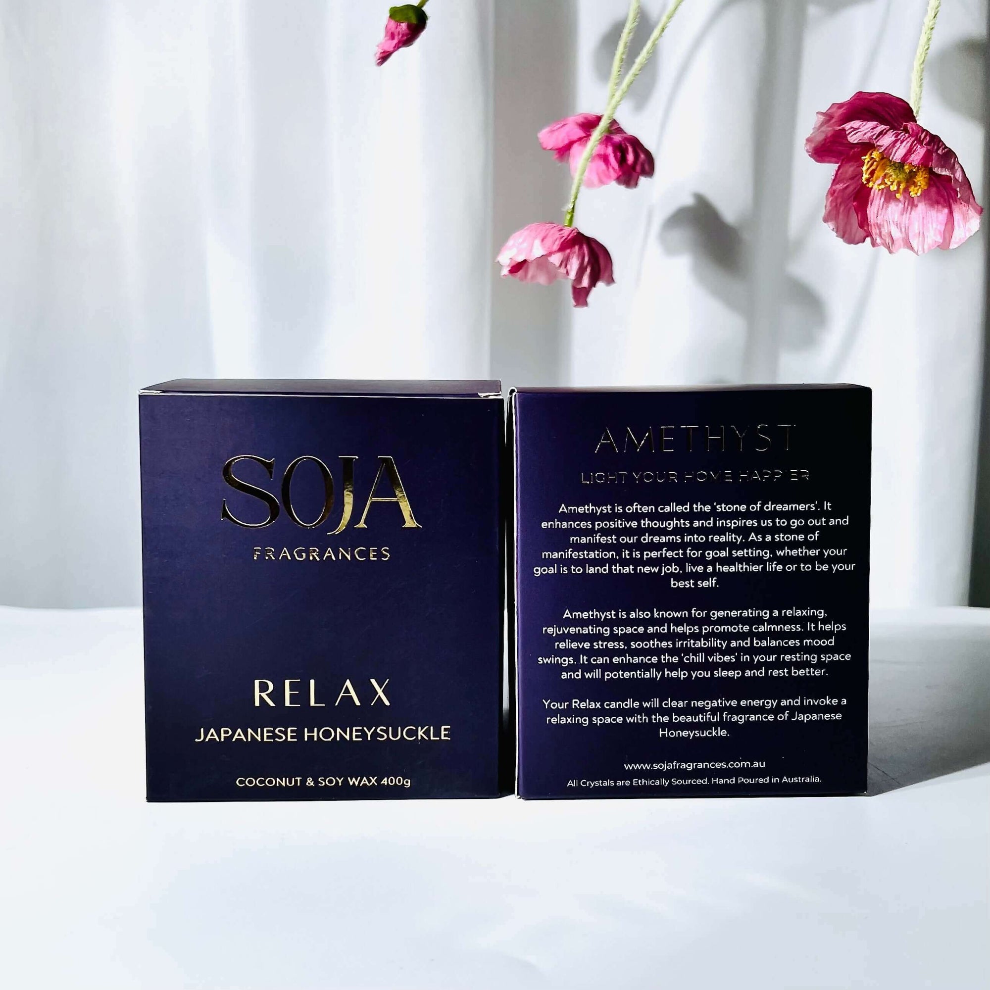 Relax - Japanese Honeysuckle Candle | Elevate tranquility with our Relax Candle, handcrafted in Melbourne. Enjoy soothing Japanese Honeysuckle aroma with Amethyst crystal energy. | SOJA Fragrances