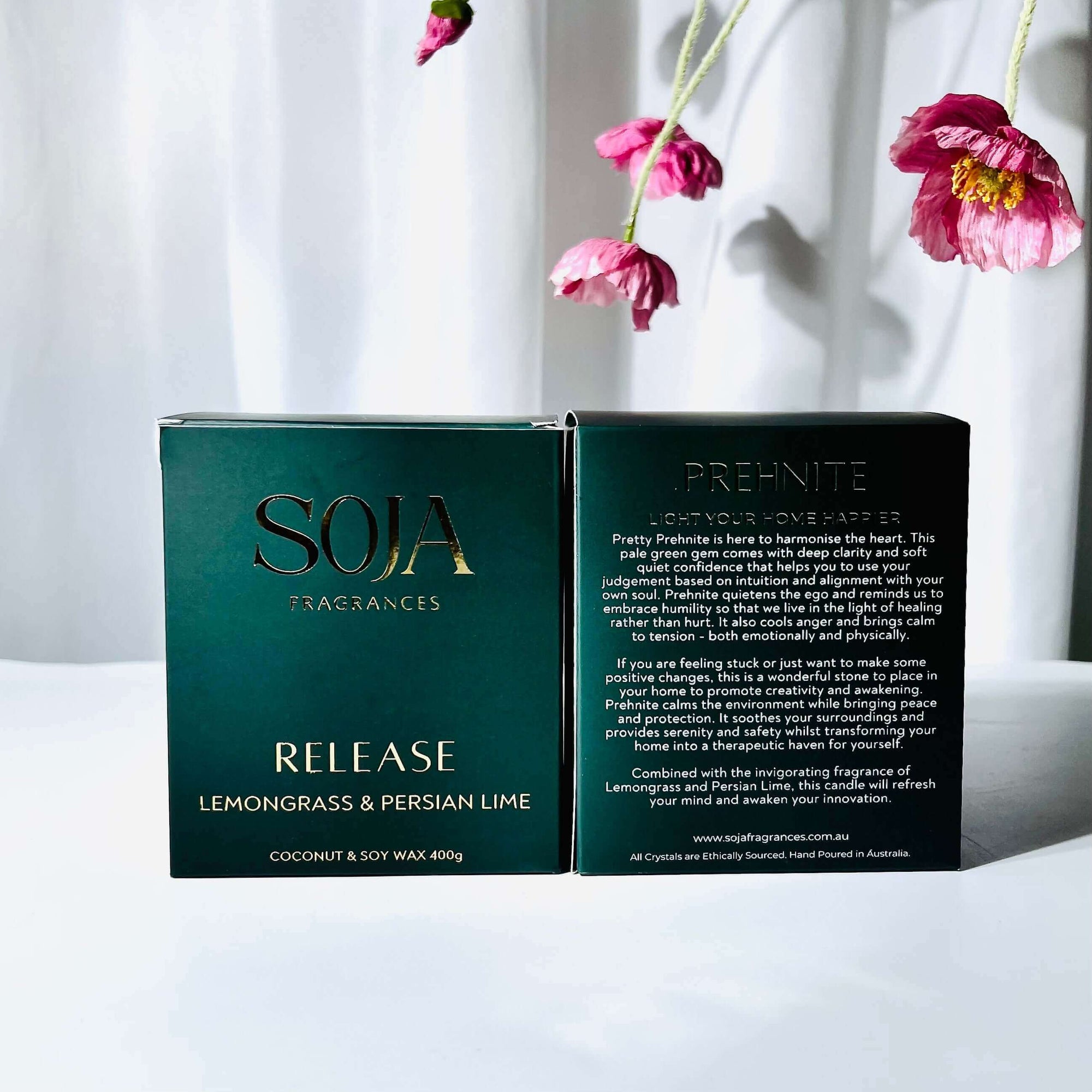 Release - Lemongrass & Persian Lime Candle | Embrace tranquility with our Lemongrass & Persian Lime Candle, infused with Prehnite crystals for serene energy. Enjoy 70 hours of aromatic bliss. | SOJA Fragrances