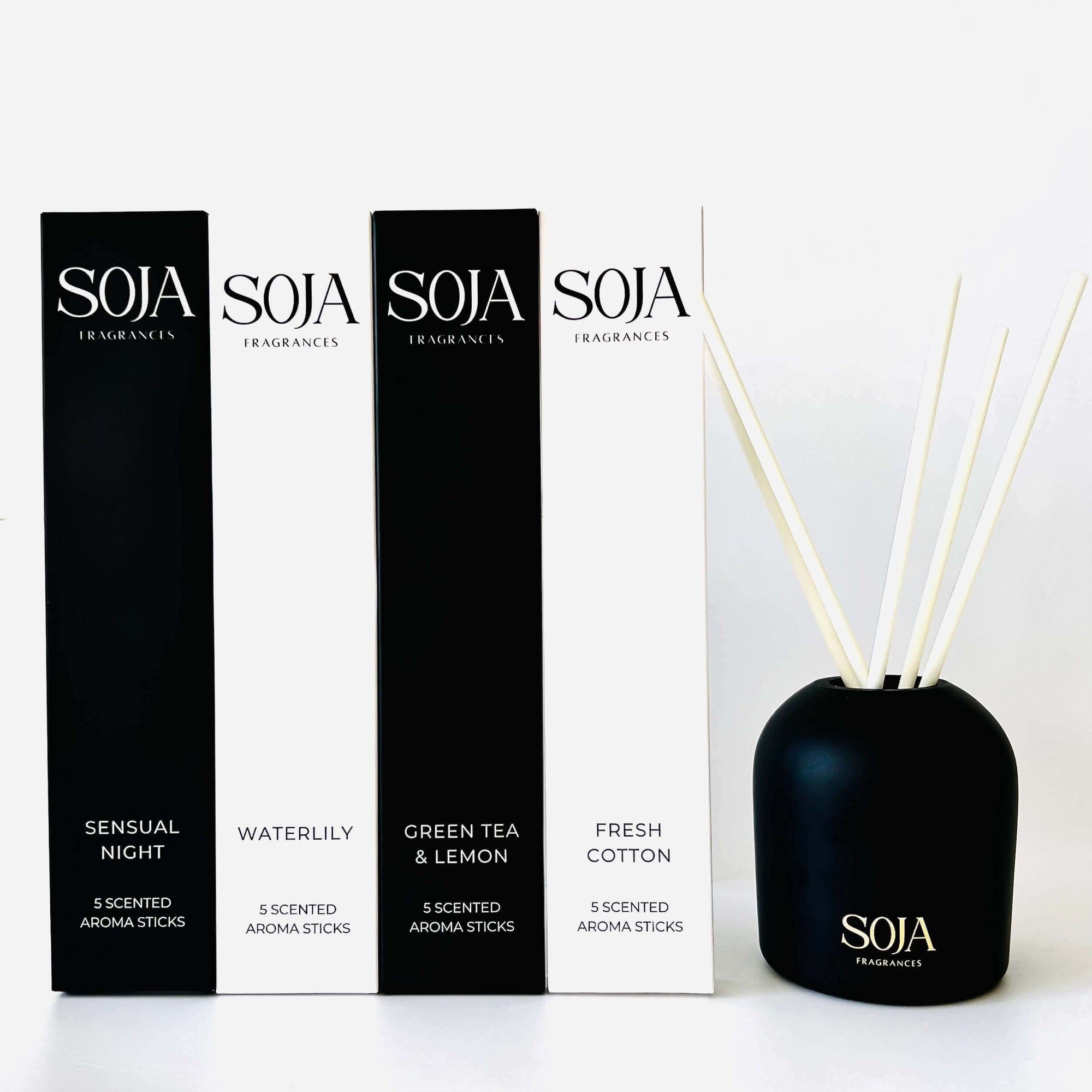 Aroma Stick Bundles | Elevate your home with Aroma Stick Bundles from Soja Fragrances. Liquid-free, continuous scent. Bundle now in matte black or white vessel and save! | SOJA Fragrances