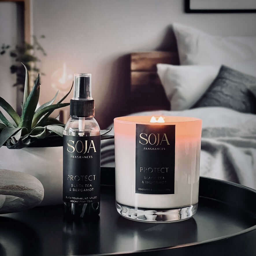 Protect - Black Tea &amp; Bergamot Candle | Embrace the protective energy of our Melbourne-crafted, Black Tourmaline Crystal-infused Candle. Ignite for up to 70h of soothing Black Tea &amp; Bergamot aroma. | SOJA Fragrances