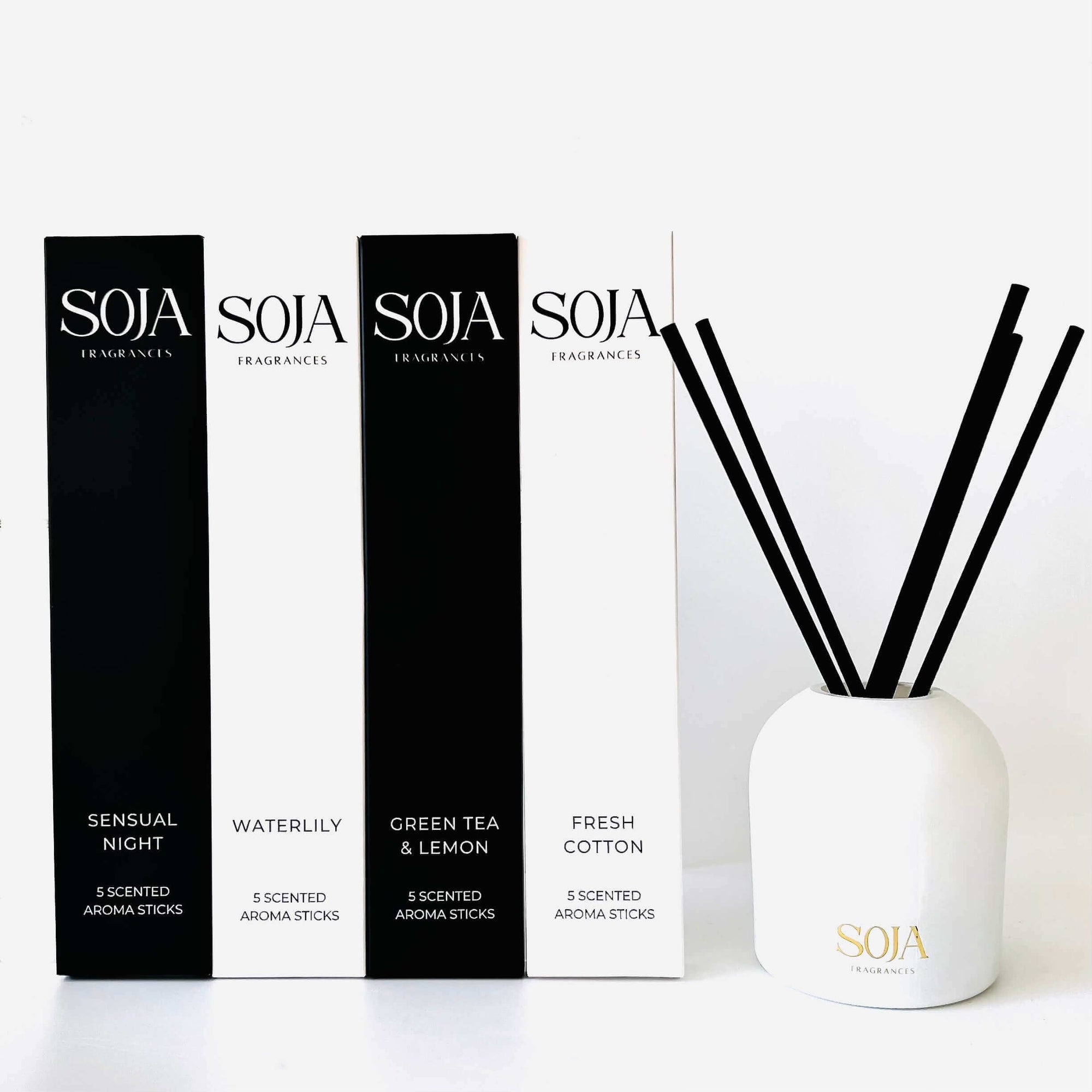 Aroma Stick Bundles | Elevate your home with Aroma Stick Bundles from Soja Fragrances. Liquid-free, continuous scent. Bundle now in matte black or white vessel and save! | SOJA Fragrances