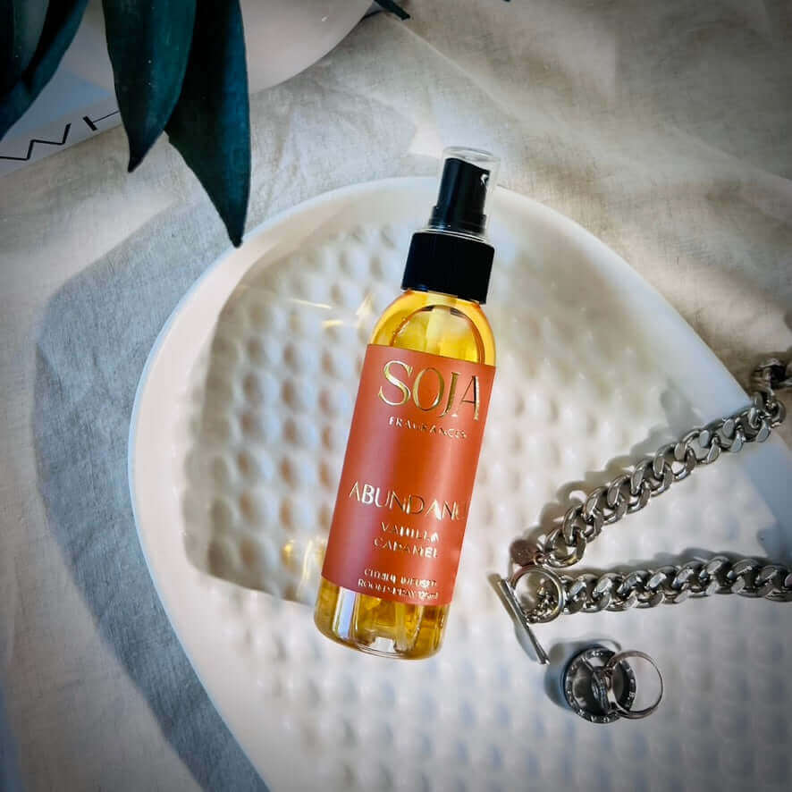 Abundance - Vanilla Caramel Room Spray | Elevate your space - Abundance - Citrine-infused Vanilla Caramel room spray perfect for prosperity and positivity. Luxuriously blended for the ultimate aroma. | SOJA Fragrances