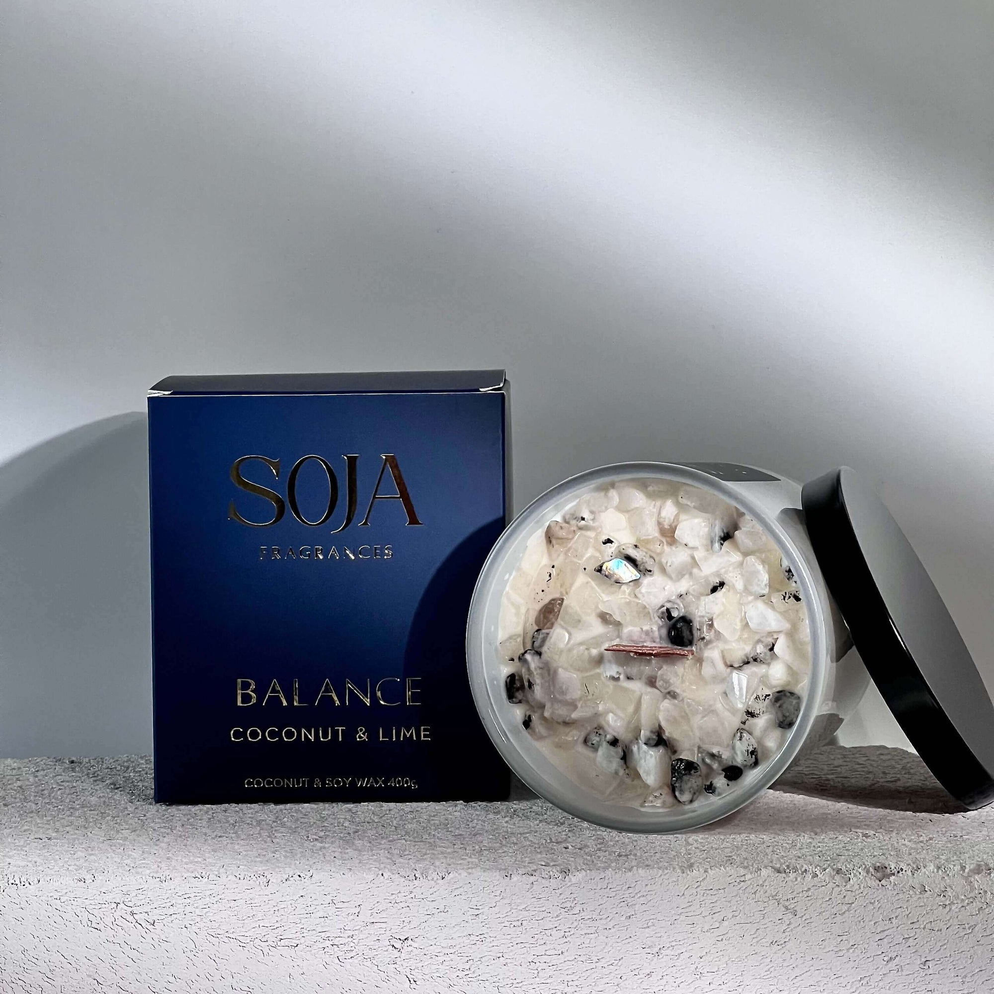 Balance - Coconut &amp; Lime Candle | Indulge in Balance - a Moonstone Crystal Candle with coconut &amp; lime scents from Melbourne. Enjoy 70hrs of serene, clean-burning relaxation. Shop now! | SOJA Fragrances