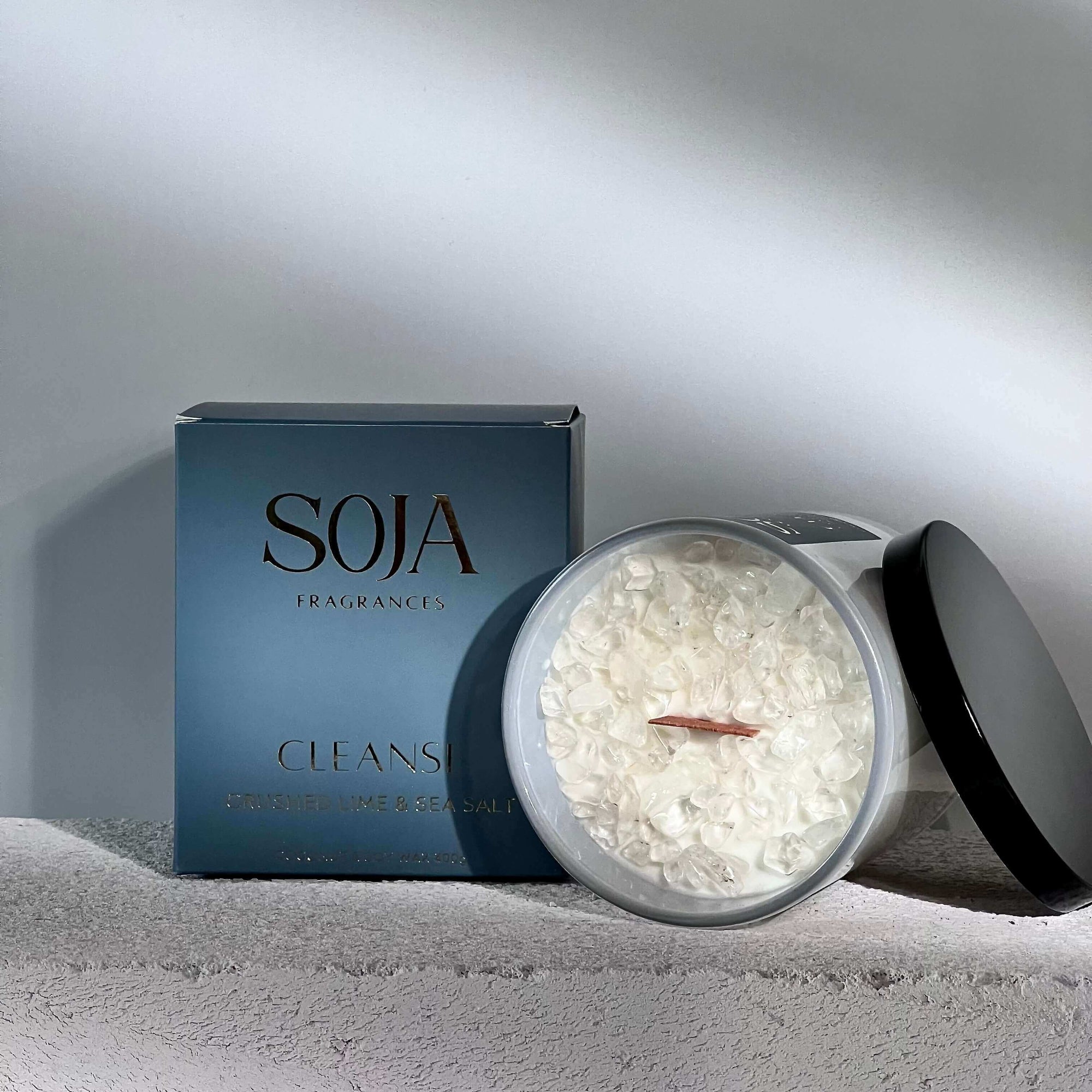 Cleanse - Crushed Lime & Sea Salt Candle | Enhance calm with our Clear Quartz-Infused Candle. Experience clean, long-lasting lime & sea salt fragrance for 70 hours of tranquility. Shop now! | SOJA Fragrances