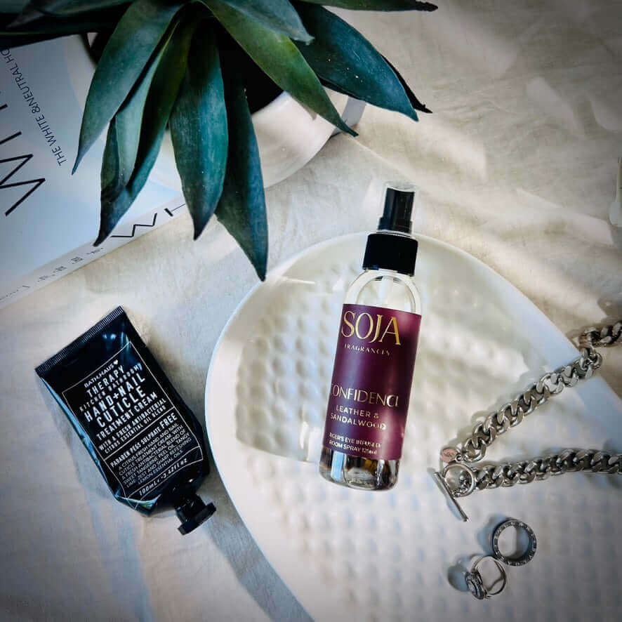 Confidence - Leather & Sandalwood Room Spray | Elevate your space with Confidence - Leather & Sandalwood Room Spray. Infused with Tiger's Eye Crystal energy & luxury aroma - refresh for your home. Shop Now! | SOJA Fragrances