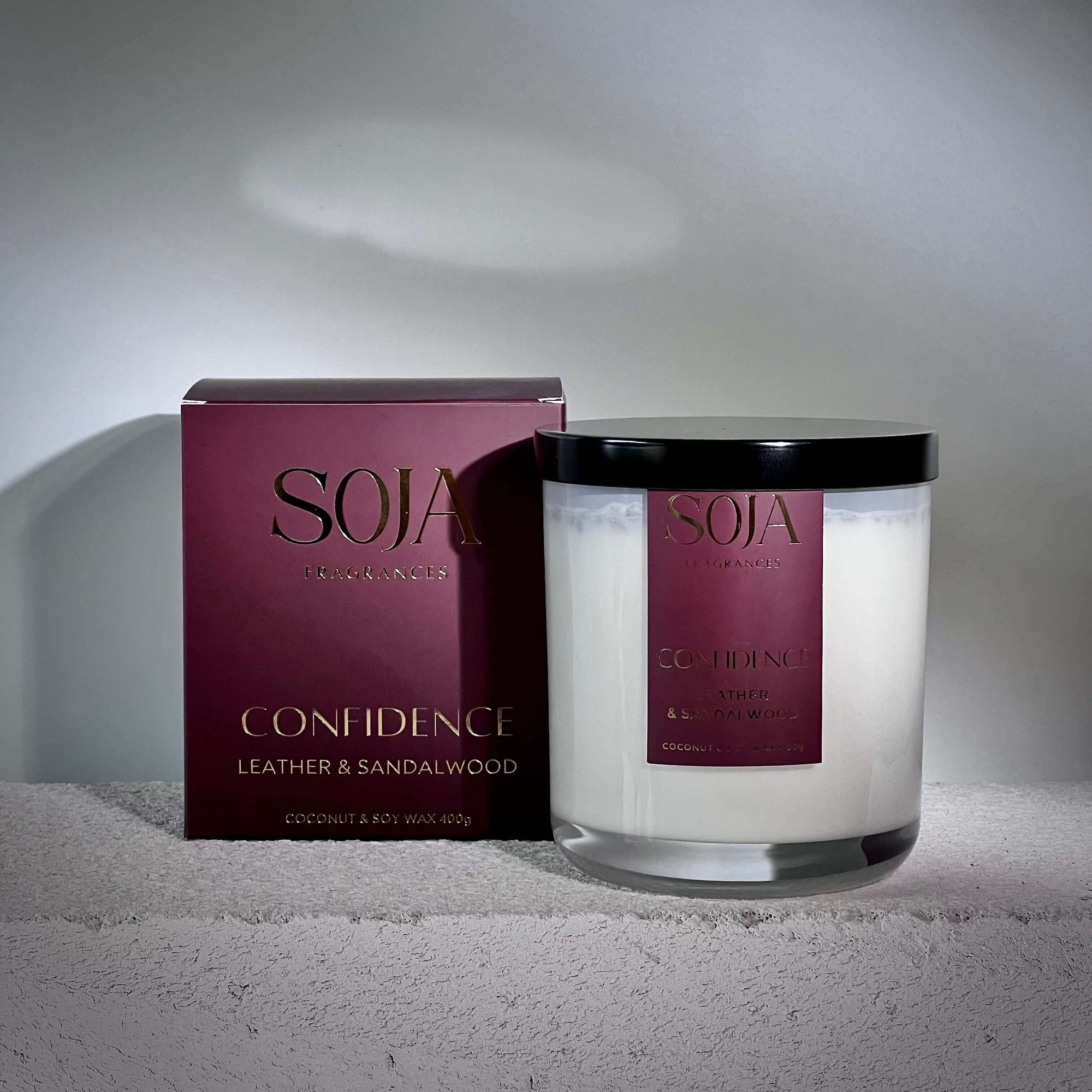 Confidence - Leather &amp; Sandalwood Candle | Elevate your mood with our Tiger&#39;s Eye Crystal Candle. Leather &amp; sandalwood aroma for 70 hours of confidence-boosting ambiance. | SOJA Fragrances