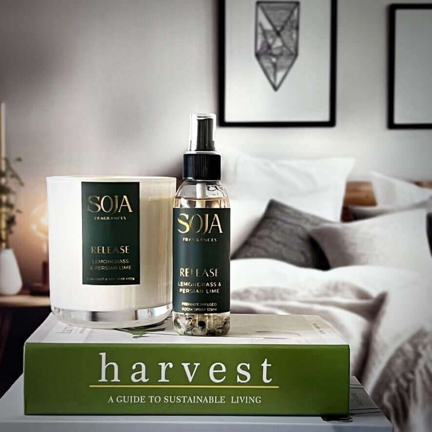 Release - Lemongrass & Persian Lime Room Spray | Discover our luxurious Prehnite-crystal infused Lemongrass & Persian Lime Room Spray. Enhance ambiance & enjoy lasting freshness safely on fabrics. | SOJA Fragrances