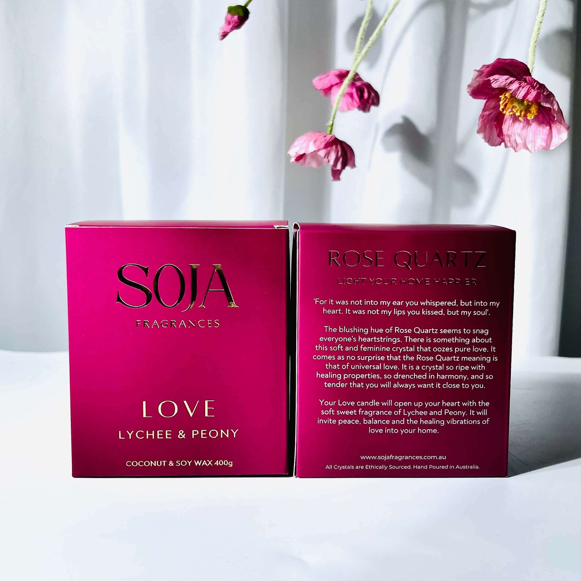 Love - Lychee & Peony Candle | Infuse your space with the scent of lychee & peony, enhanced by Rose Quartz's energy. Natural wax, 70-hr burn for a loving ambiance. | SOJA Fragrances