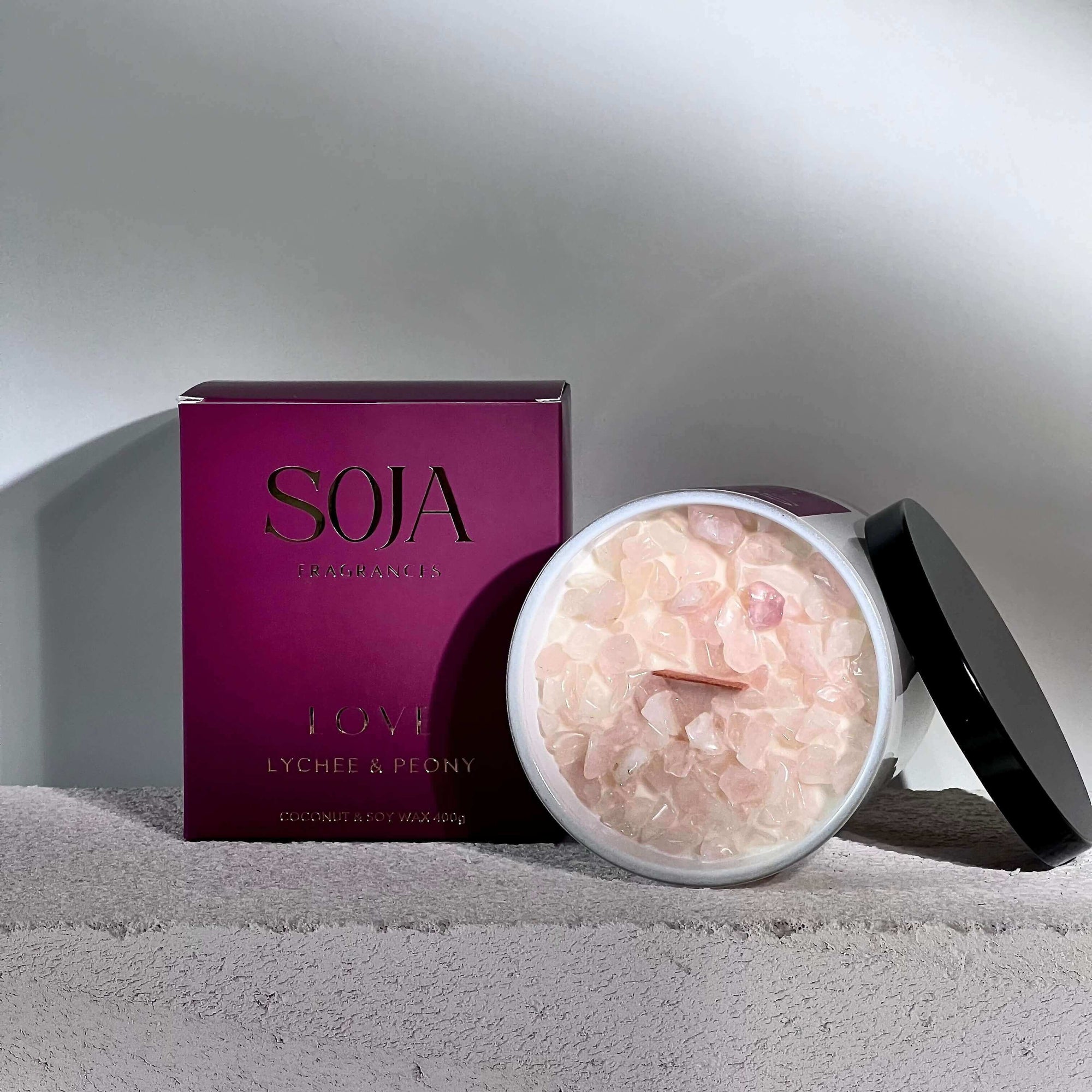 Love - Lychee &amp; Peony Candle | Infuse your space with the scent of lychee &amp; peony, enhanced by Rose Quartz&#39;s energy. Natural wax, 70-hr burn for a loving ambiance. | SOJA Fragrances