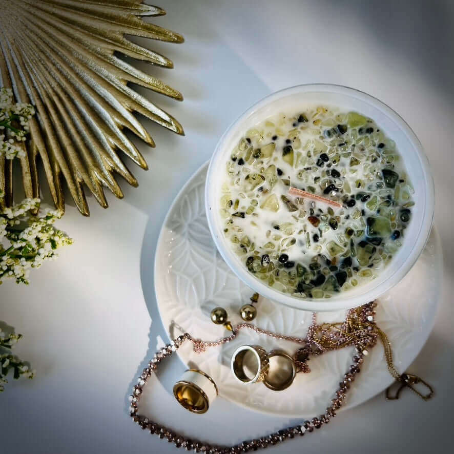 Release - Lemongrass &amp; Persian Lime Candle | Embrace tranquility with our Lemongrass &amp; Persian Lime Candle, infused with Prehnite crystals for serene energy. Enjoy 70 hours of aromatic bliss. | SOJA Fragrances