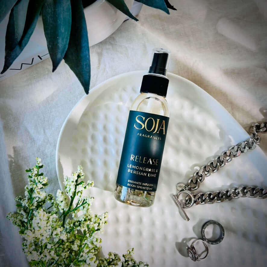 Release - Lemongrass & Persian Lime Room Spray | Discover our luxurious Prehnite-crystal infused Lemongrass & Persian Lime Room Spray. Enhance ambiance & enjoy lasting freshness safely on fabrics. | SOJA Fragrances