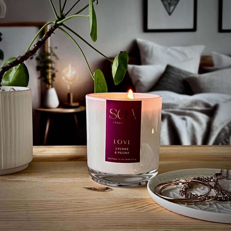 Love - Lychee & Peony Candle | Infuse your space with the scent of lychee & peony, enhanced by Rose Quartz's energy. Natural wax, 70-hr burn for a loving ambiance. | SOJA Fragrances