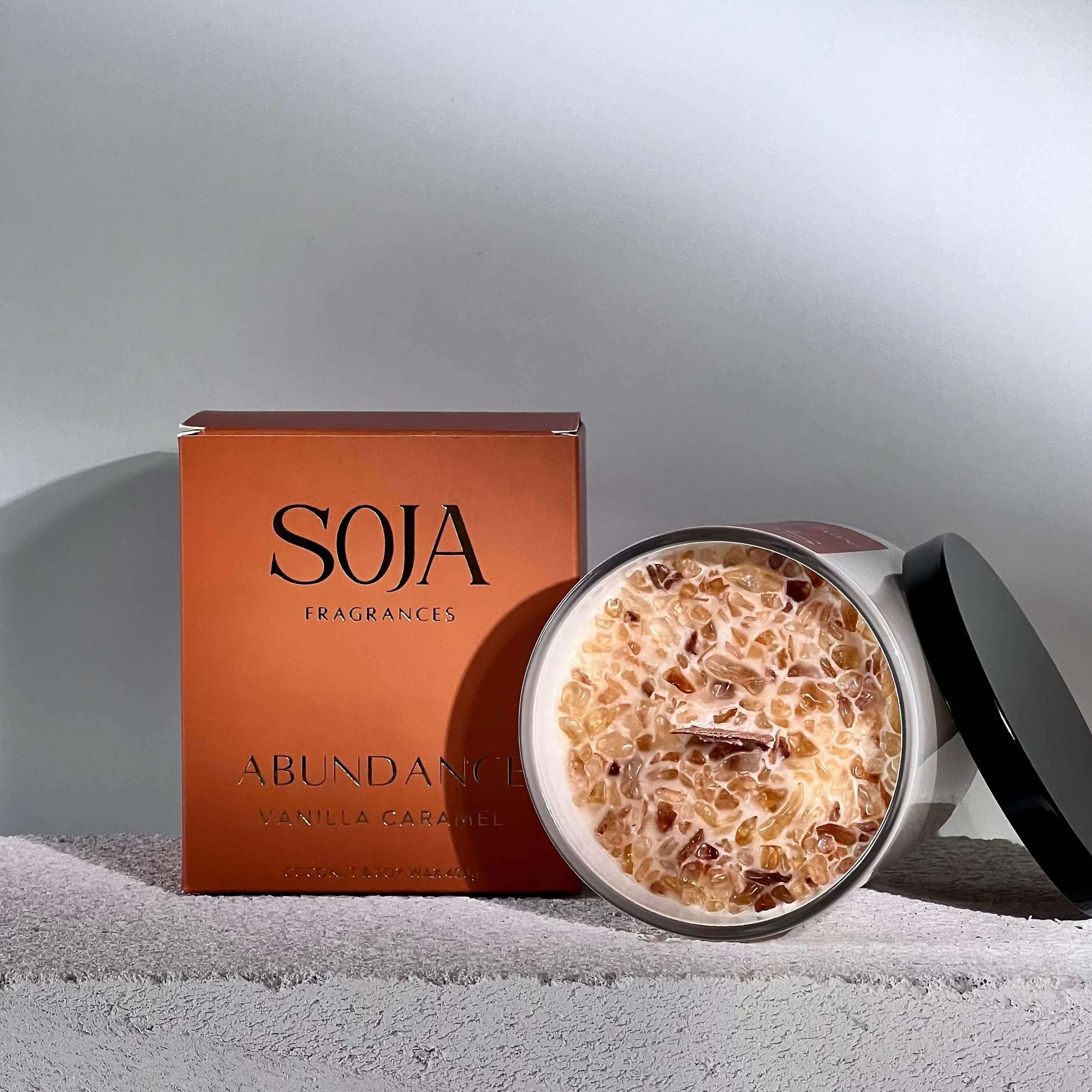 Abundance - Vanilla Caramel Candle | Elevate your space with our Citrine Crystal-Infused Vanilla Caramel Candle. Premium coconut & soy wax blend for a rich aroma. Shop for abundance now! | SOJA Fragrances