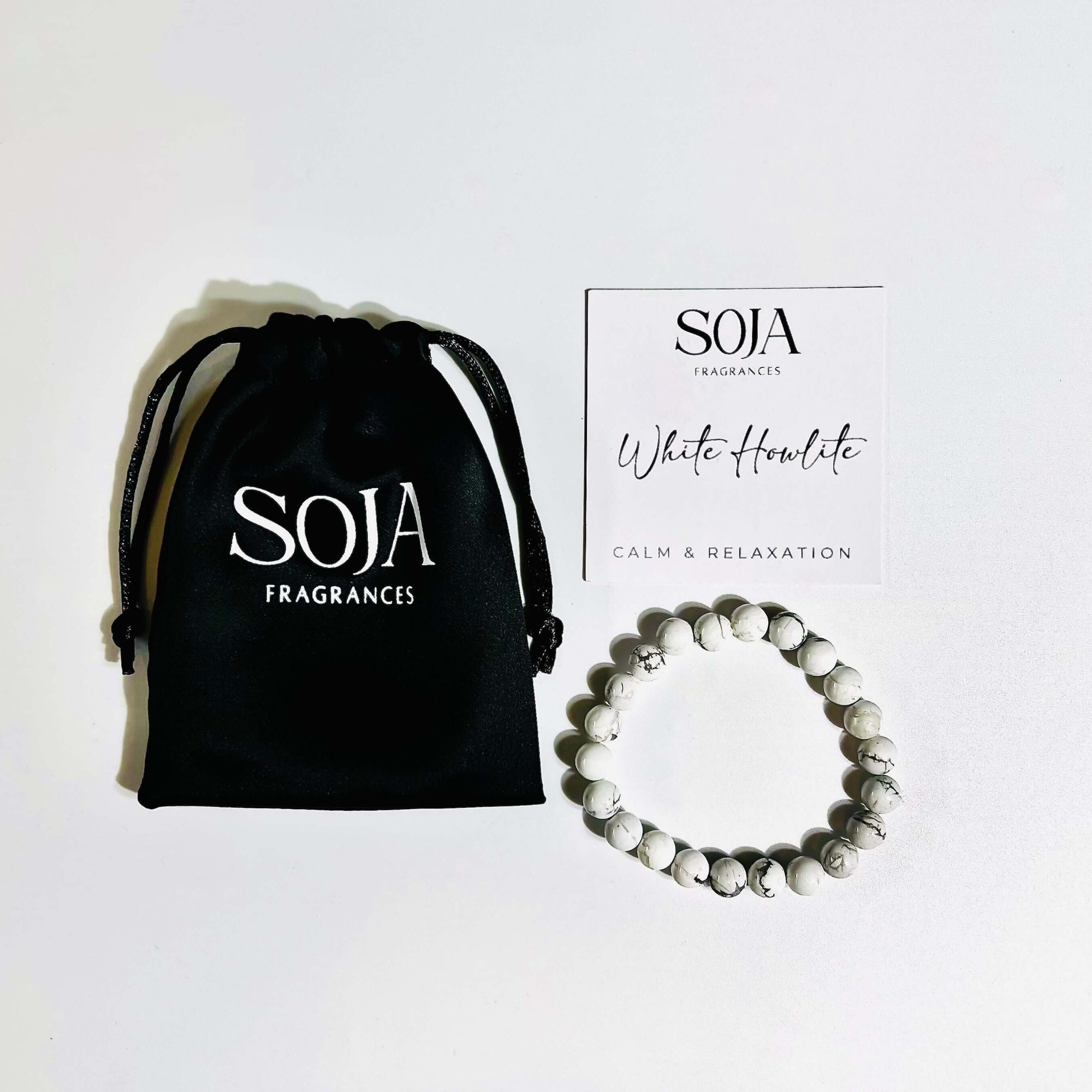 White Howlite Crystal Bracelet | Experience peace with our White Howlite Crystal Bracelet. Perfect for calm and stress relief. Shop handcrafted crystal beaded bracelets at Soja Fragrances. | SOJA Fragrances